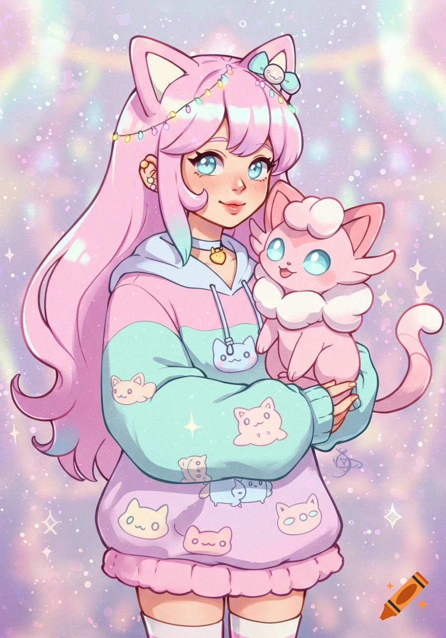 Anime girl with pink hair, cat ears, and a pastel hoodie holding a fluffy pink cat creature against a sparkly, rainbow background.