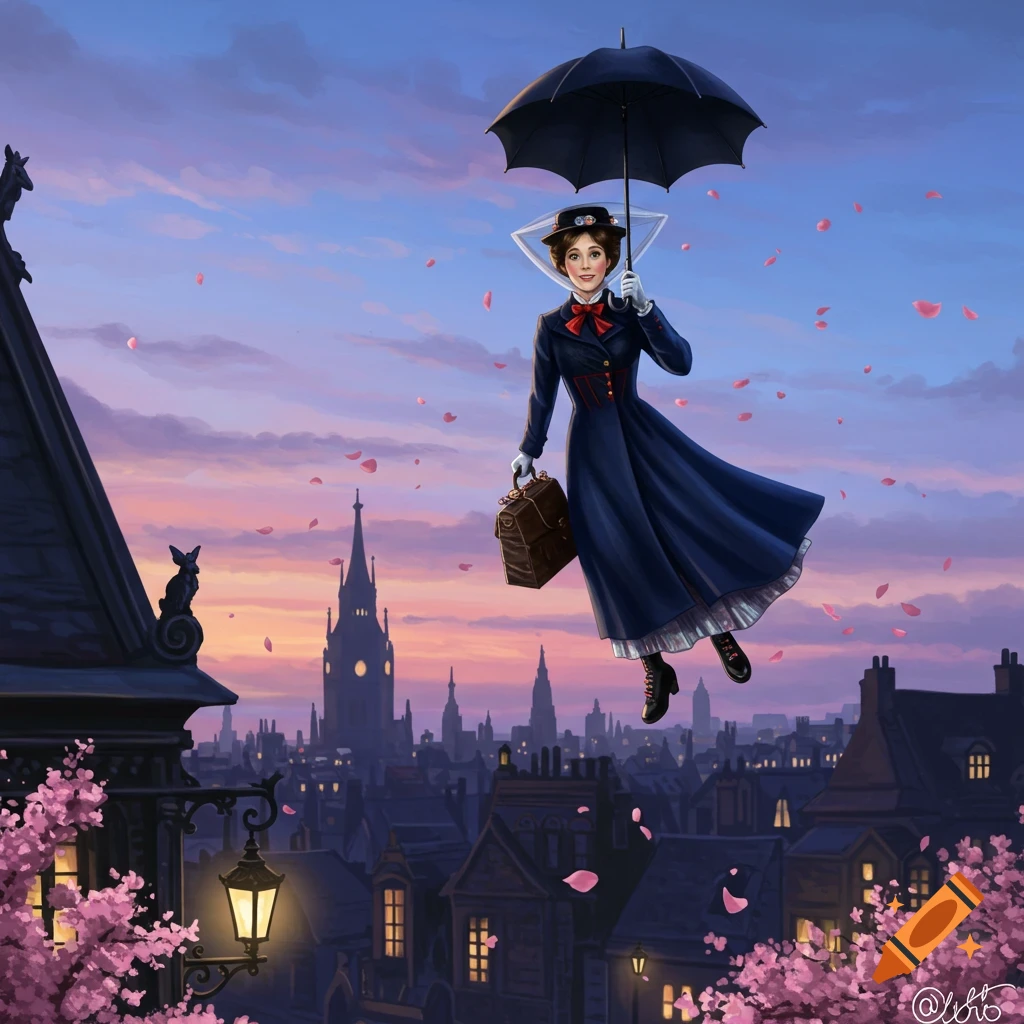 Mary Poppins floats over a whimsical cityscape at sunset, holding an open black umbrella and a brown suitcase, with cherry blossoms in the foreground.