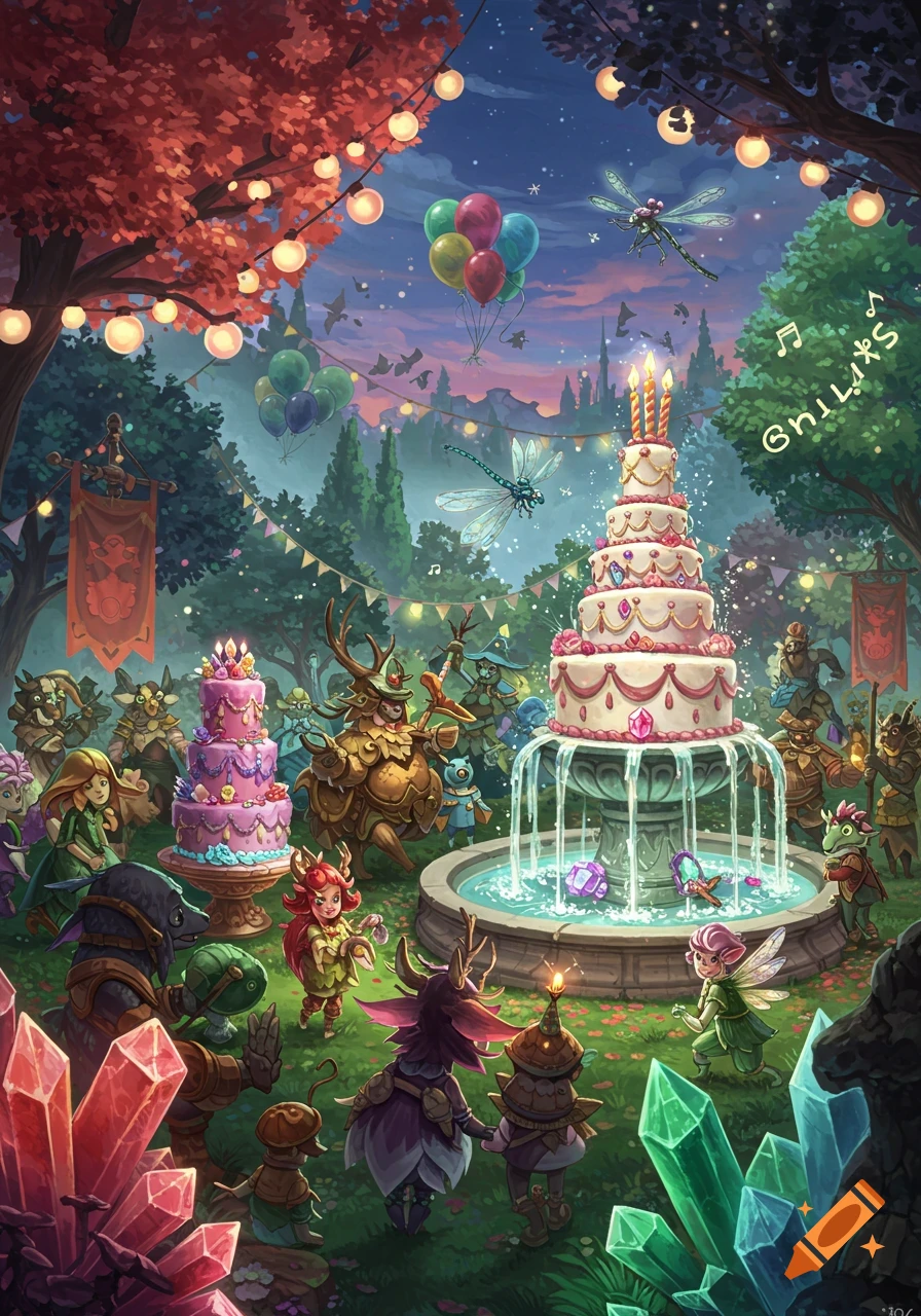 Vibrant fantasy illustration of whimsical forest creatures celebrating with large tiered cakes, balloons, and string lights in a magical woodland.