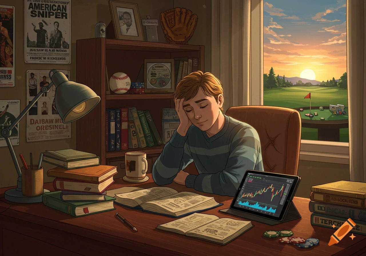 A young man with closed eyes rests his head on his hand while sitting at a desk with books, a tablet, and a lamp. A golf course is visible outside the window at sunset. Stylized illustration.