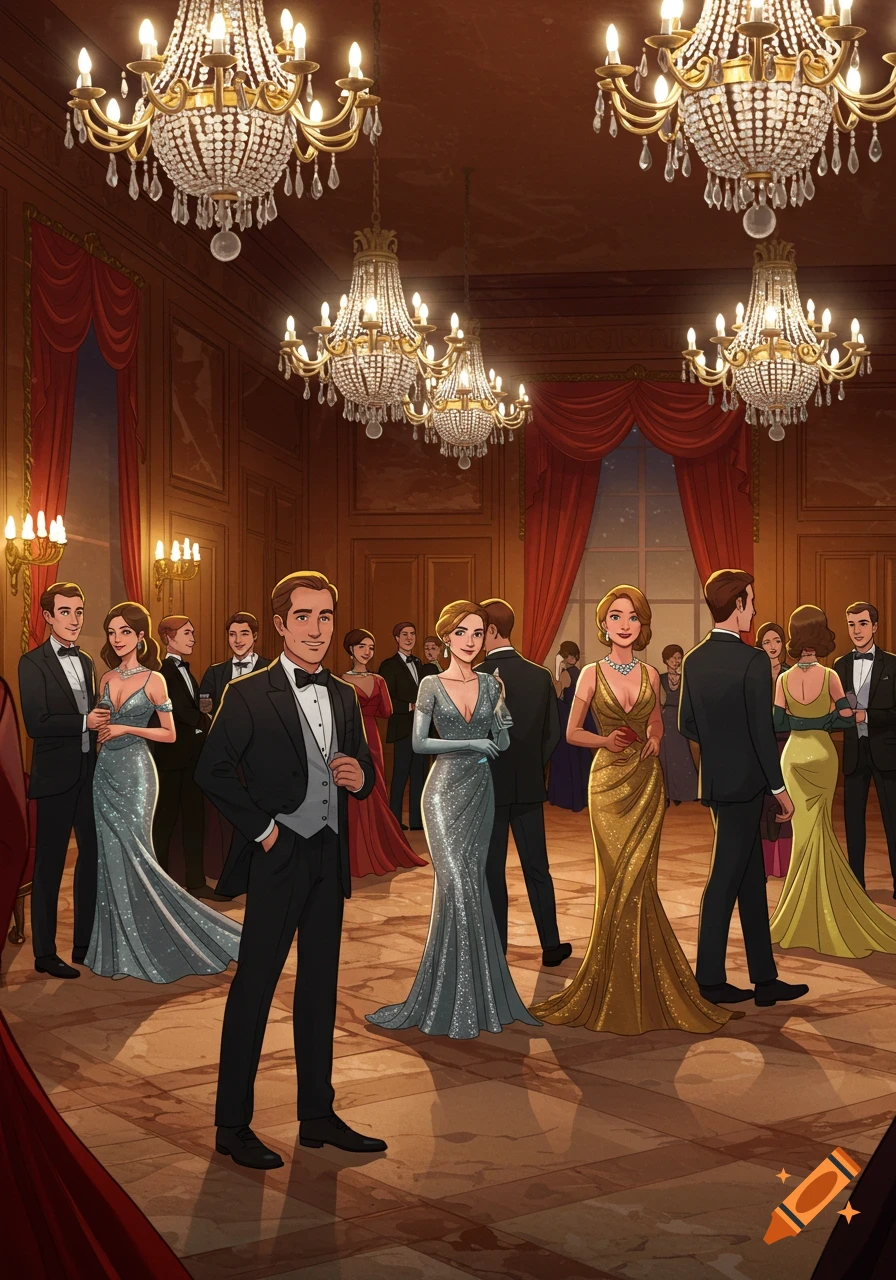 A grand ballroom scene with many elegantly dressed men in suits and women in silver and gold gowns, in 2D animation style.
