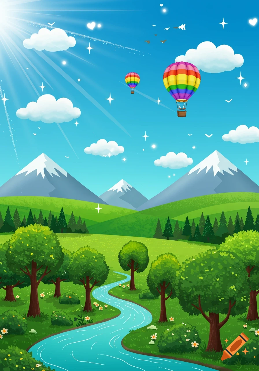 A vibrant digital illustration of a cheerful mountain landscape with a river, forest, and rainbow hot air balloons under a sunny blue sky.