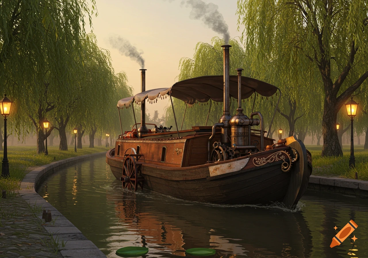 A detailed steampunk barge with smokestacks and gears navigates a canal lined with willow trees and glowing lampposts at dusk.