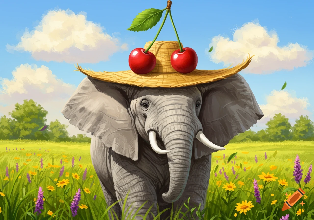 An illustrated elephant wearing a straw hat adorned with two cherries, standing in a sunny field with colorful flowers under a blue sky.