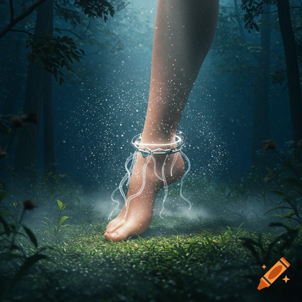 A human leg and foot with a glowing, futuristic anklet emitting light tendrils and sparkles, stepping on mossy forest ground.