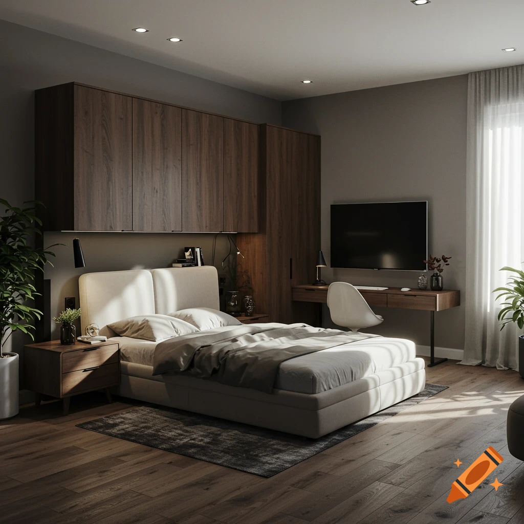 A modern, minimalist bedroom with a large bed, wooden cabinets, a desk with a monitor, and plants, bathed in natural light.