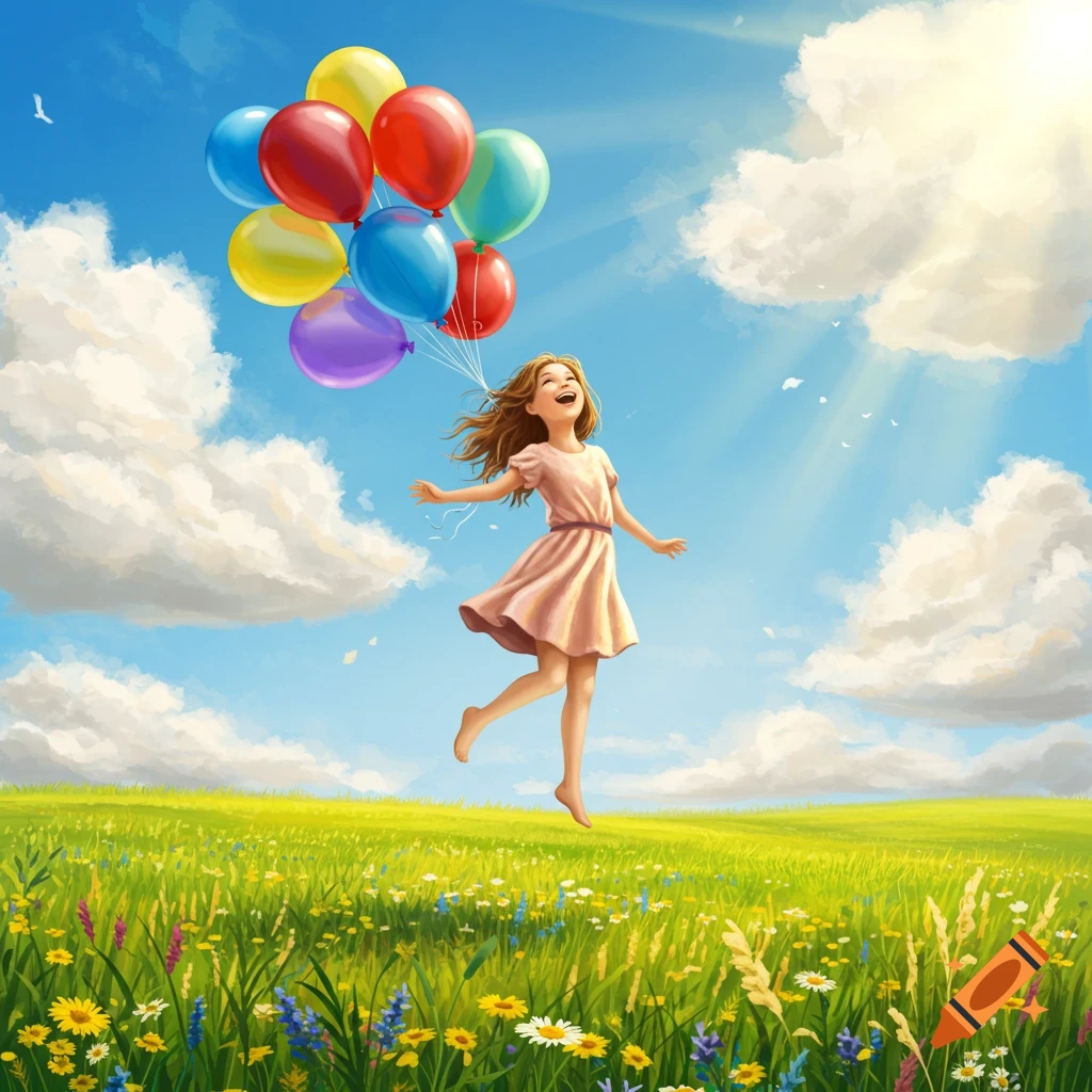 A joyful girl floats above a vibrant wildflower meadow, holding colorful balloons against a bright blue, cloudy sky. Illustrated.