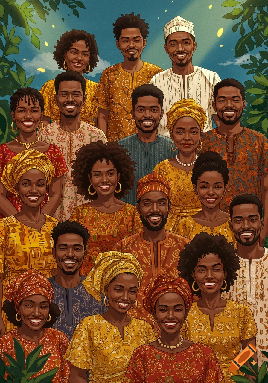 A vibrant illustration of a large group of smiling Black men and women in colorful, traditional African clothing, surrounded by green foliage.