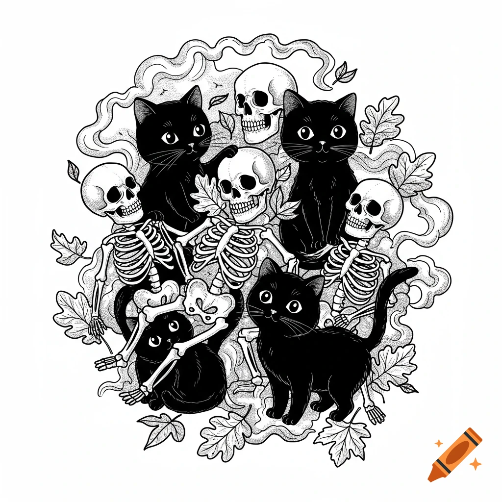 Black cats and skeletons with autumn leaves, in a spooky but cute black and white tattoo-style illustration.