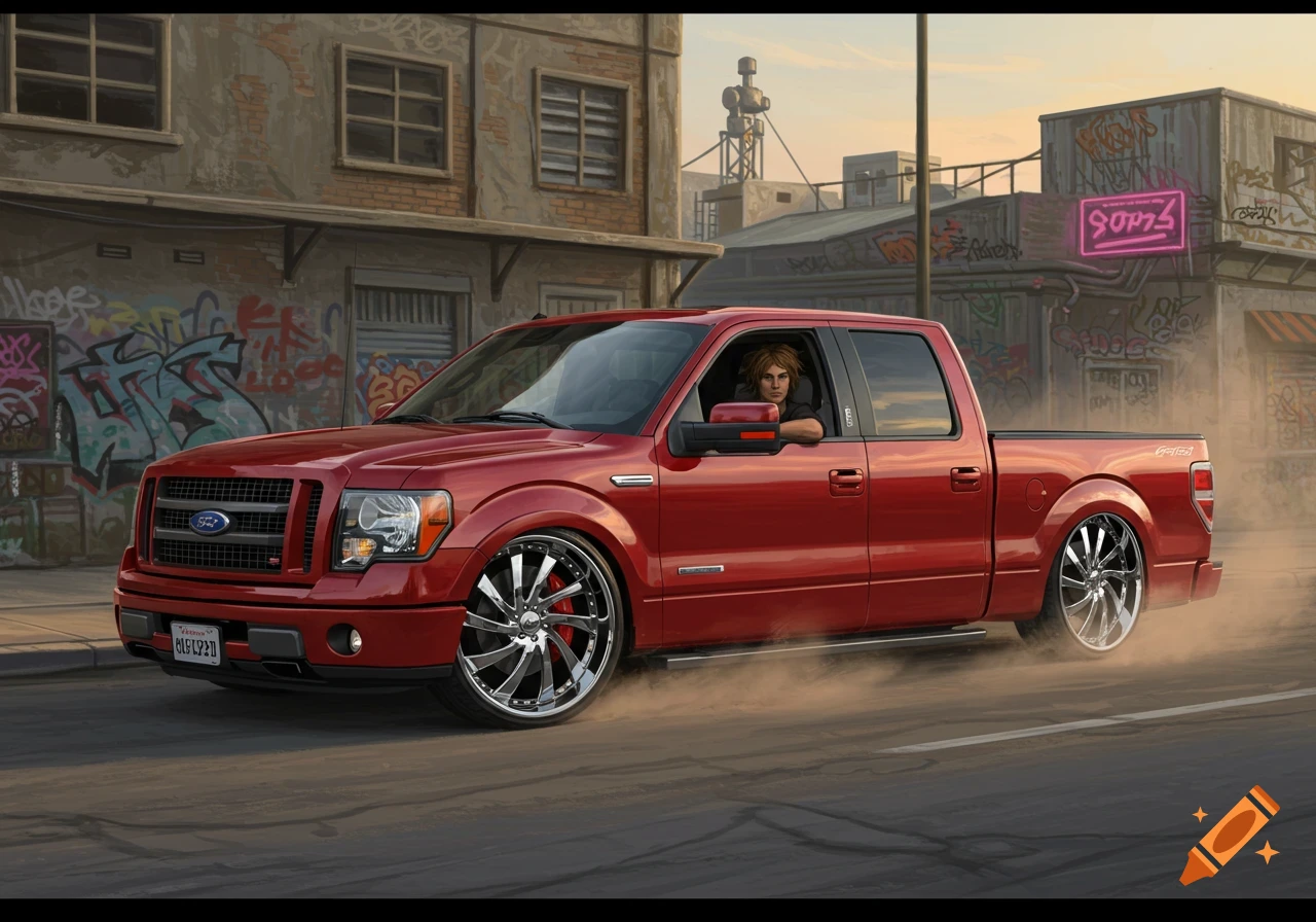 A red lowered Ford F-150 truck with chrome wheels is driven by a skinny white man down a dusty urban street lined with graffiti-covered buildings, under a sunset sky.