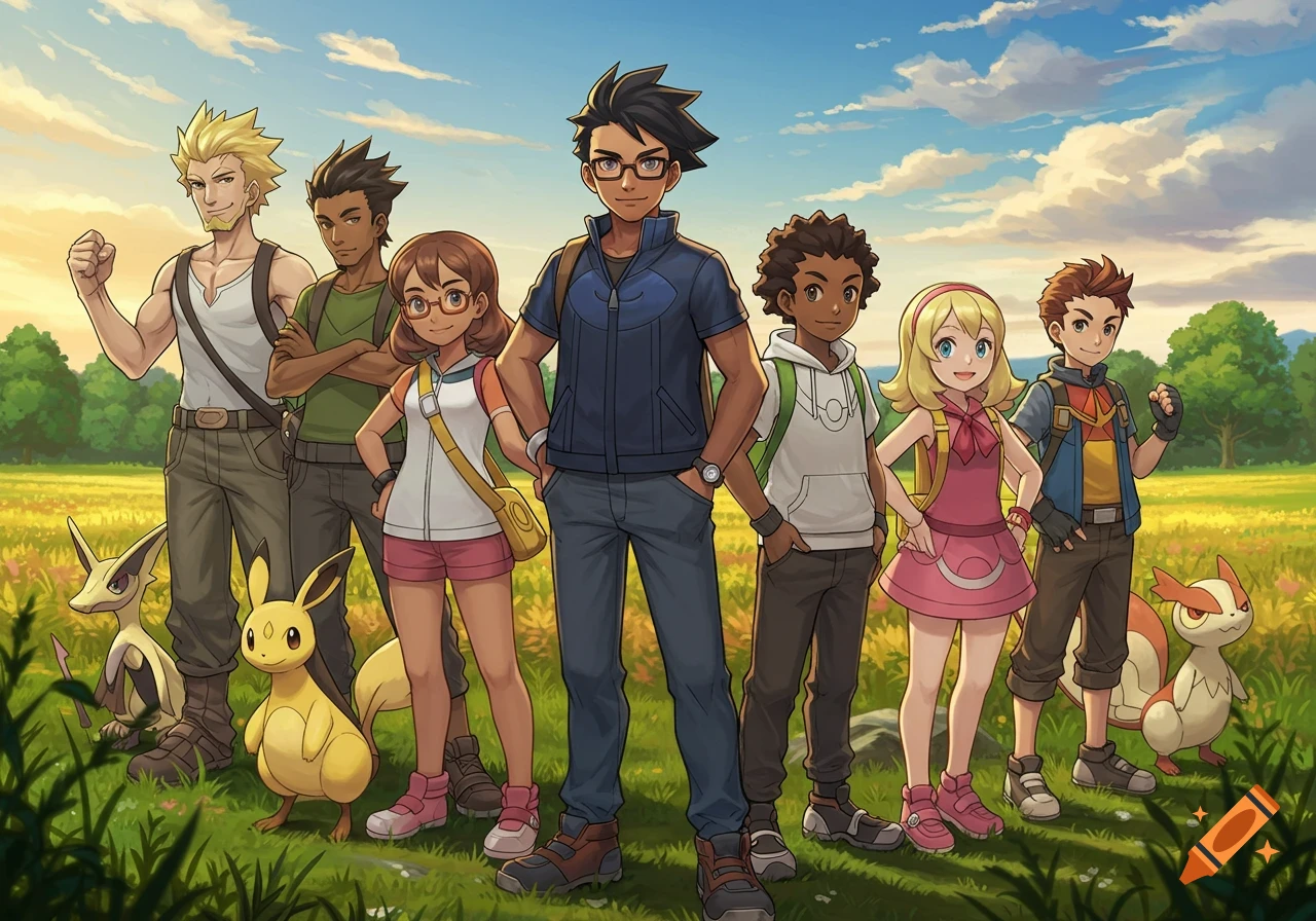 A group of seven diverse anime-style Pokemon trainers and their Pokemon stand in a sunny green field under a blue sky.