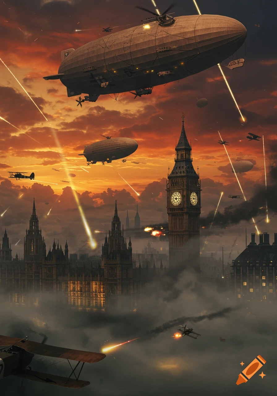 Steampunk airships battle in the sky over a fog-shrouded London at sunset, with beams of light, explosions, and biplanes.