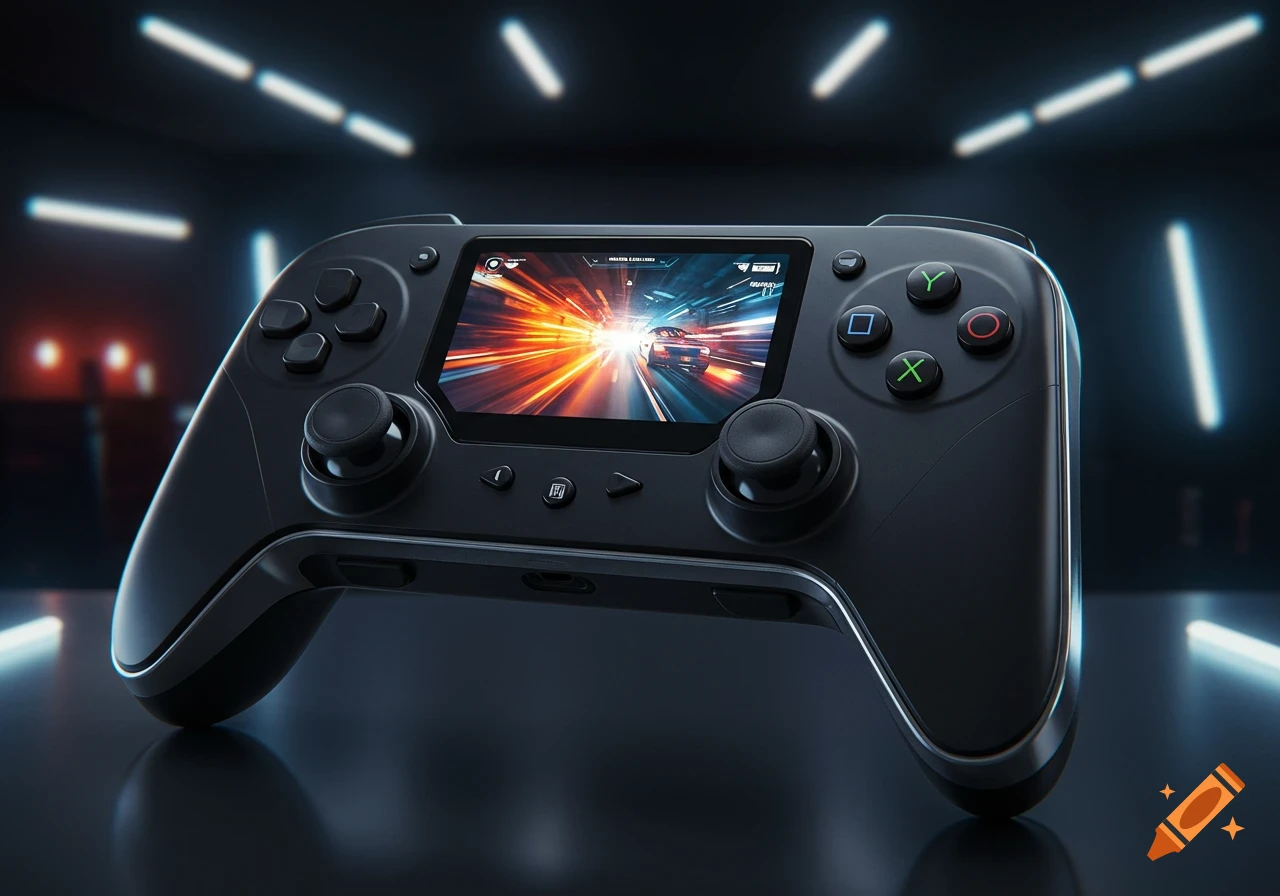 A black video game controller with a screen displaying a fast-paced racing game, set against a dark background with neon lights.