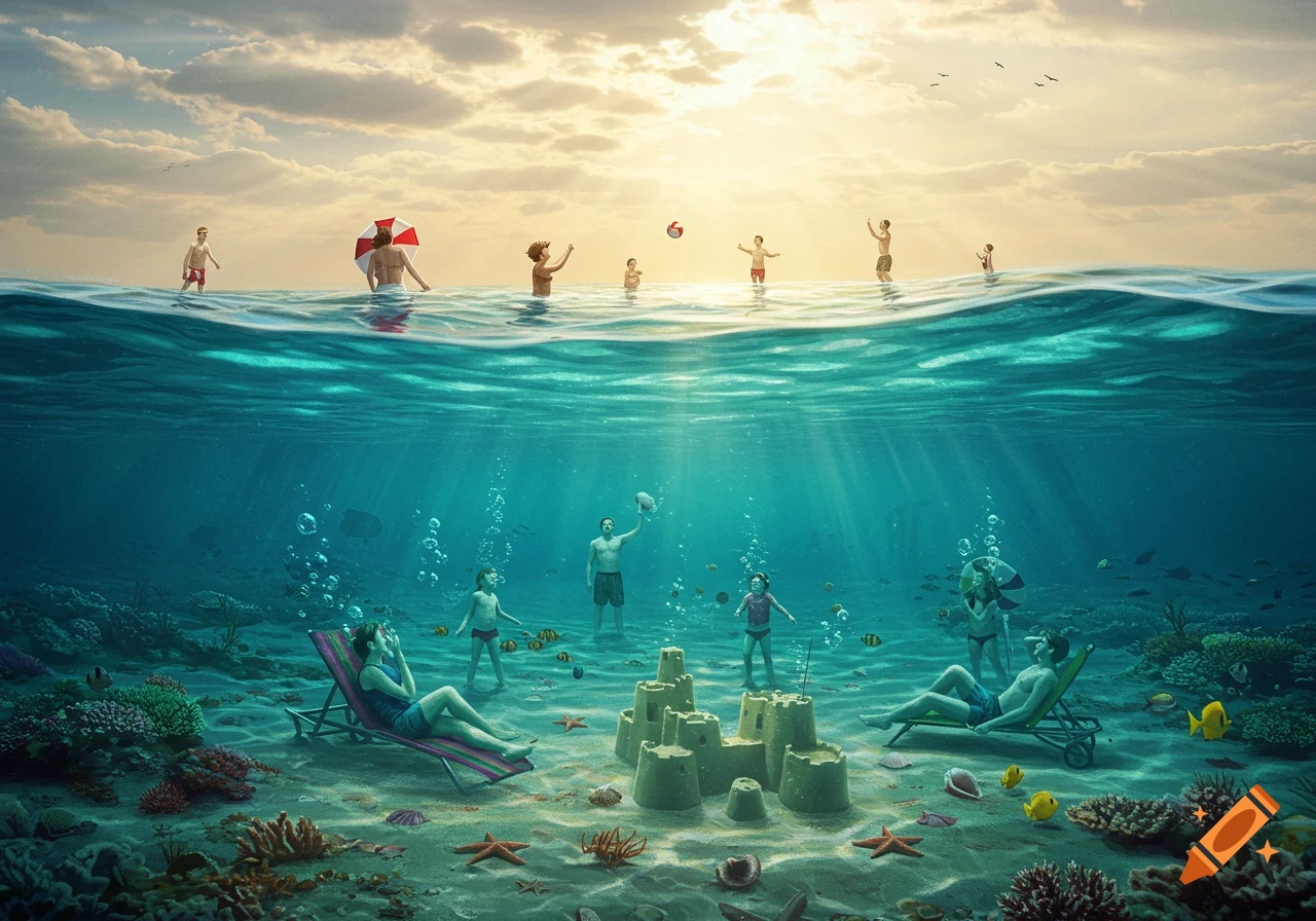 A surreal split image of a beach, with people playing volleyball above water and sunbathing on the seafloor among coral below.