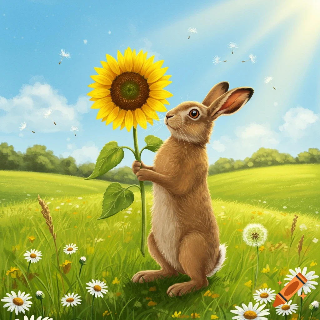 A cute brown hare stands in a sunny green meadow filled with wildflowers, holding a large yellow sunflower.
