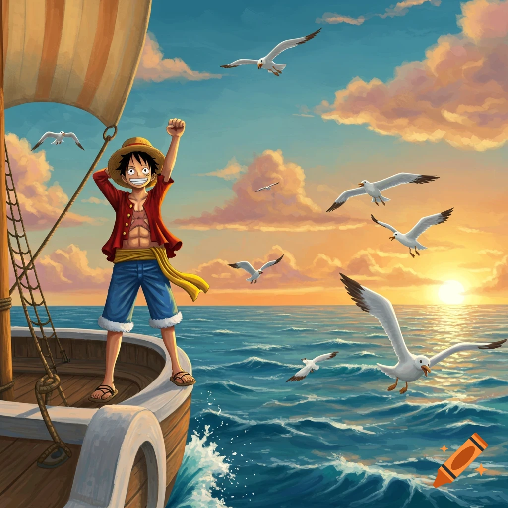 Luffy from One Piece stands triumphantly on a wooden ship at sunset with seagulls flying around, in an anime illustration.