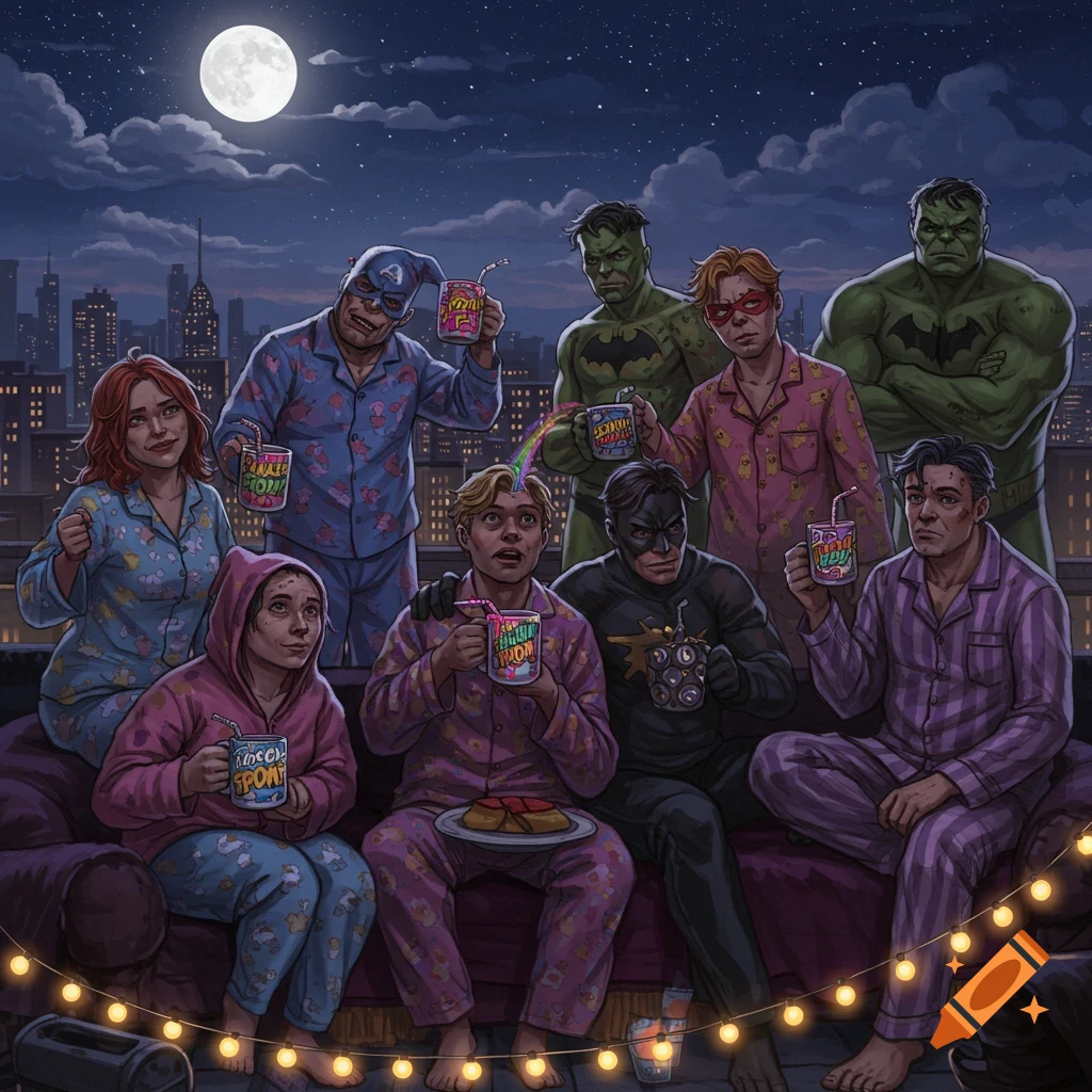 Superheroes in pajamas on a rooftop at night, holding mugs and drinks, with city lights in the background. Full moon above.