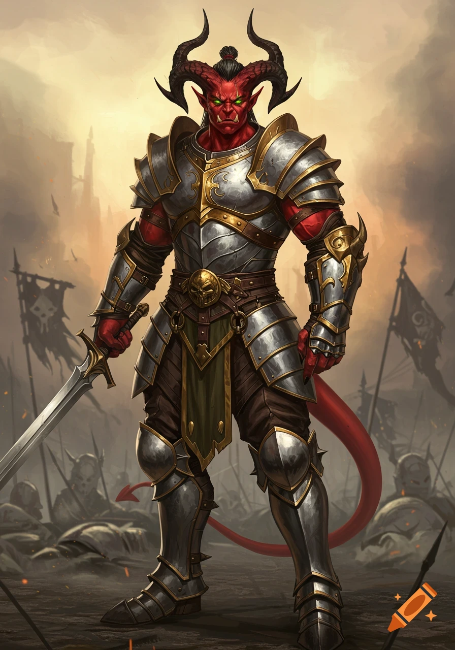 A red-skinned tiefling warrior with black horns and green glowing eyes, wearing silver and brass armor, holding a sword, stands on a battlefield.