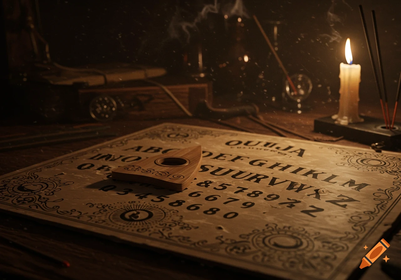 A close-up shot of a Ouija board with its planchette positioned over the numbers 9, 6, and 9. A lit candle and smoking incense sticks are in the background, casting a warm glow in a dark, dusty room.