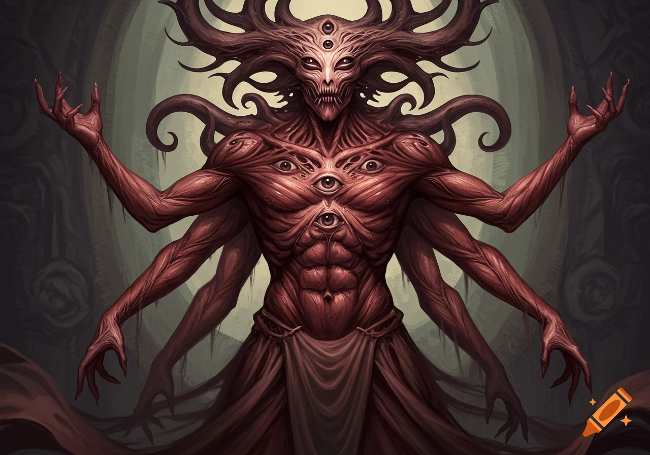 A terrifying Eldritch god with red, fleshy skin, covered in multiple eyes and several arms, stands in a dark setting. Digital art.