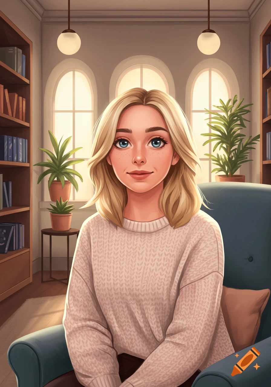 An illustrated portrait of a blonde woman with blue eyes and freckles, wearing a light sweater, sitting in a cozy room with bookshelves and plants.