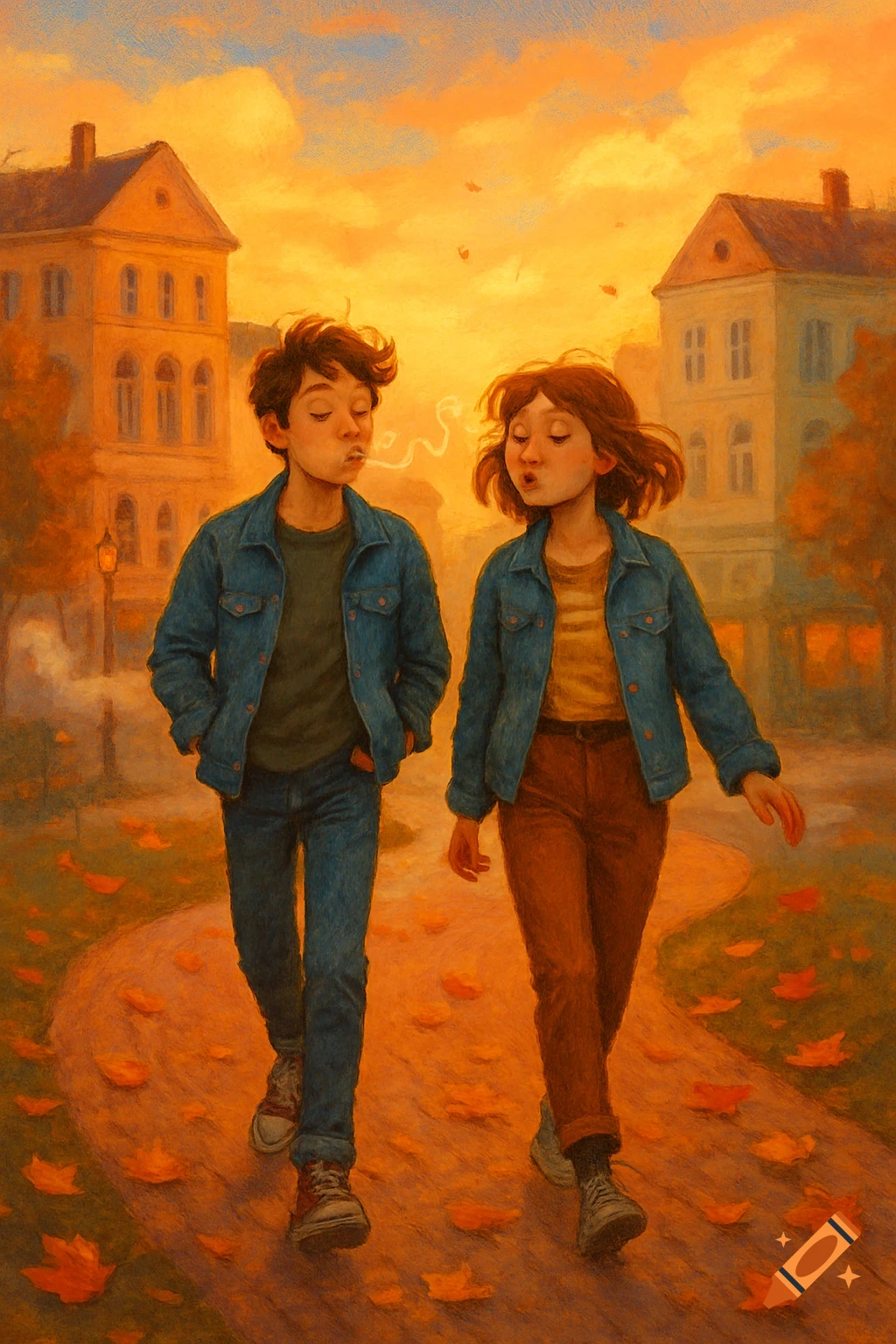 Illustrated painting of two children walking on an autumn street with falling leaves and buildings, blowing wispy shapes.