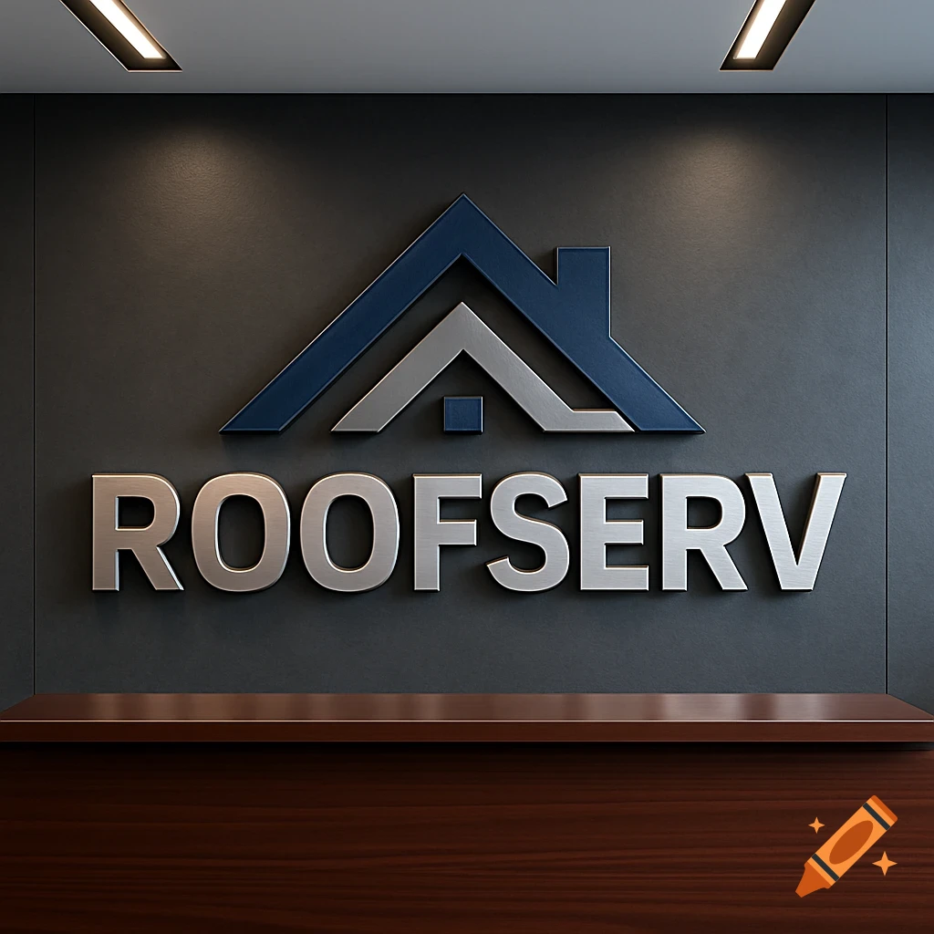 Photorealistic dimensional metallic "ROOFSERV" logo and wordmark on a dark gray office wall above a wooden surface.