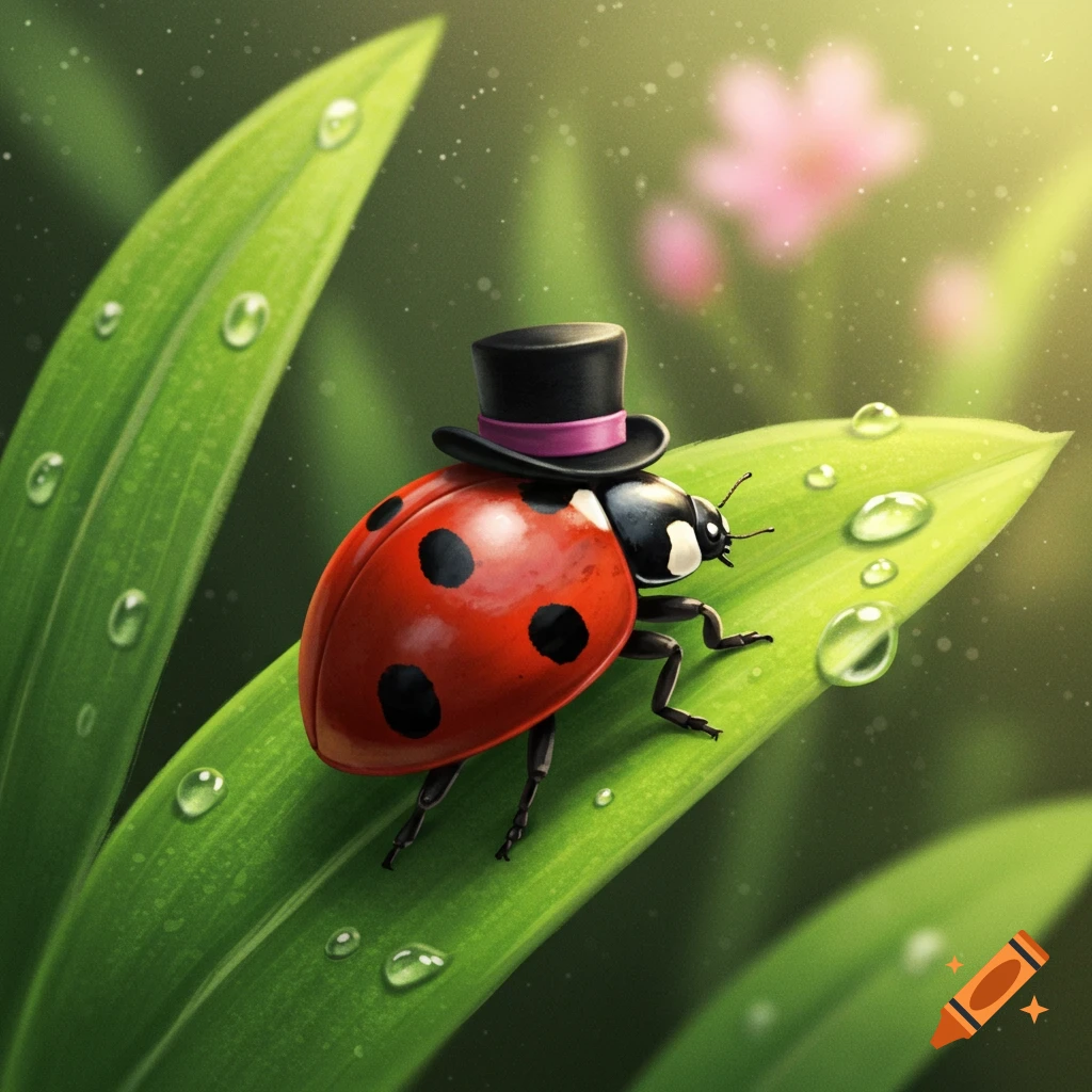 A cute ladybug wearing a black top hat sits on a vibrant green leaf with glistening water droplets.