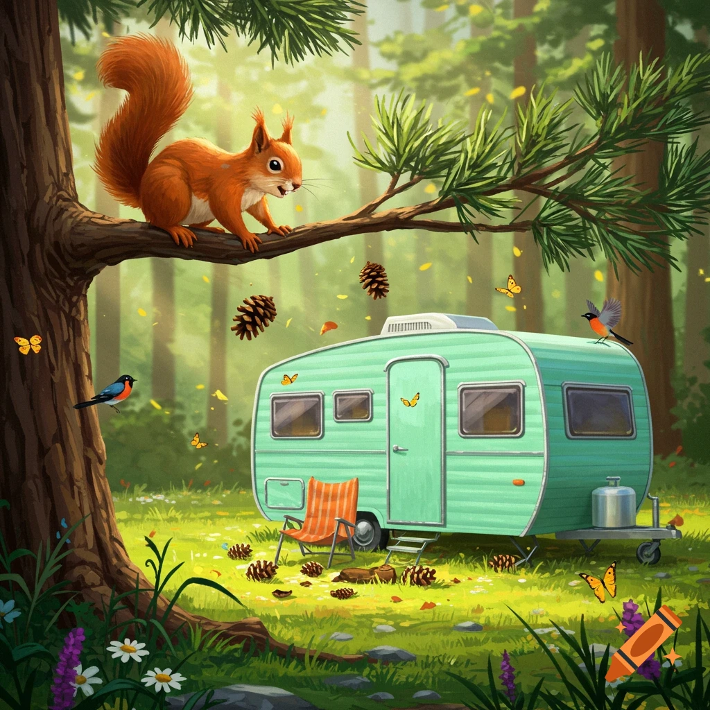 A whimsical illustration of a squirrel on a tree branch above a retro green camping trailer in a sunny forest, with birds and falling pine cones.