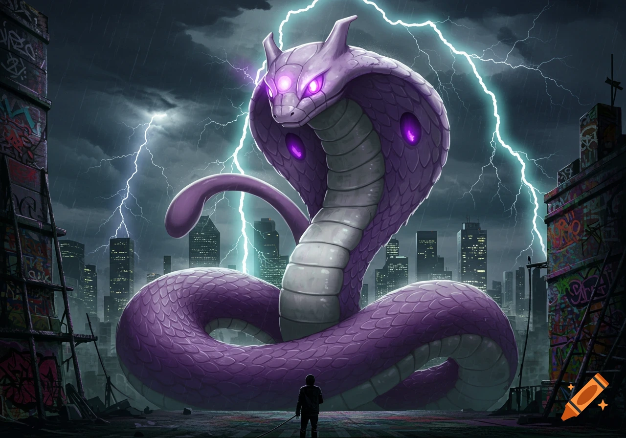 A massive purple cobra-like creature with glowing eyes dominates a stormy city skyline, watched by a small figure amidst lightning.