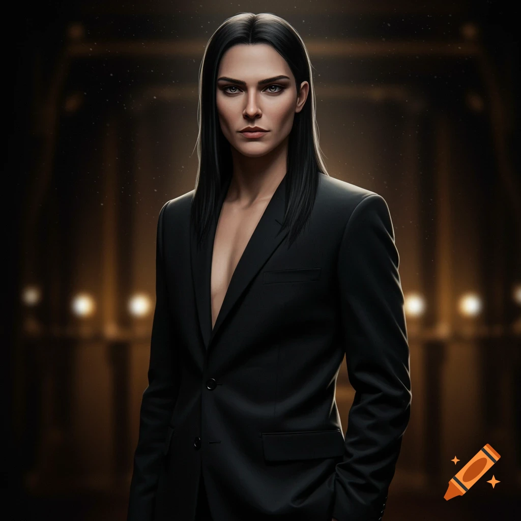 Photorealistic portrait of a person with long black hair, wearing a black suit jacket, standing against a dark, lit background.
