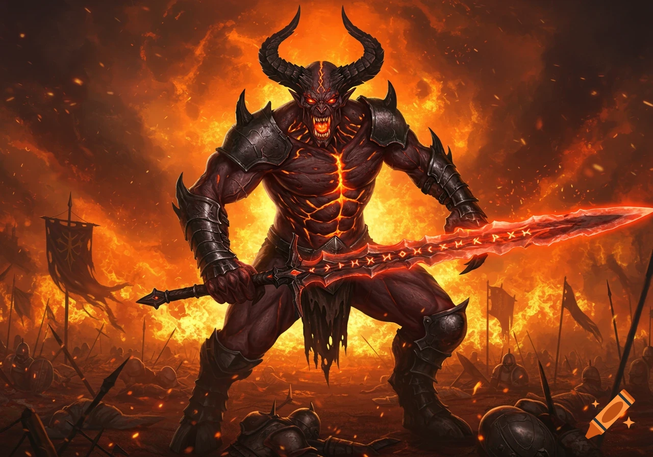 A demonic horned creature in armor with a glowing sword stands on a battlefield of fallen warriors, surrounded by fire and smoke, in a fantasy art style.