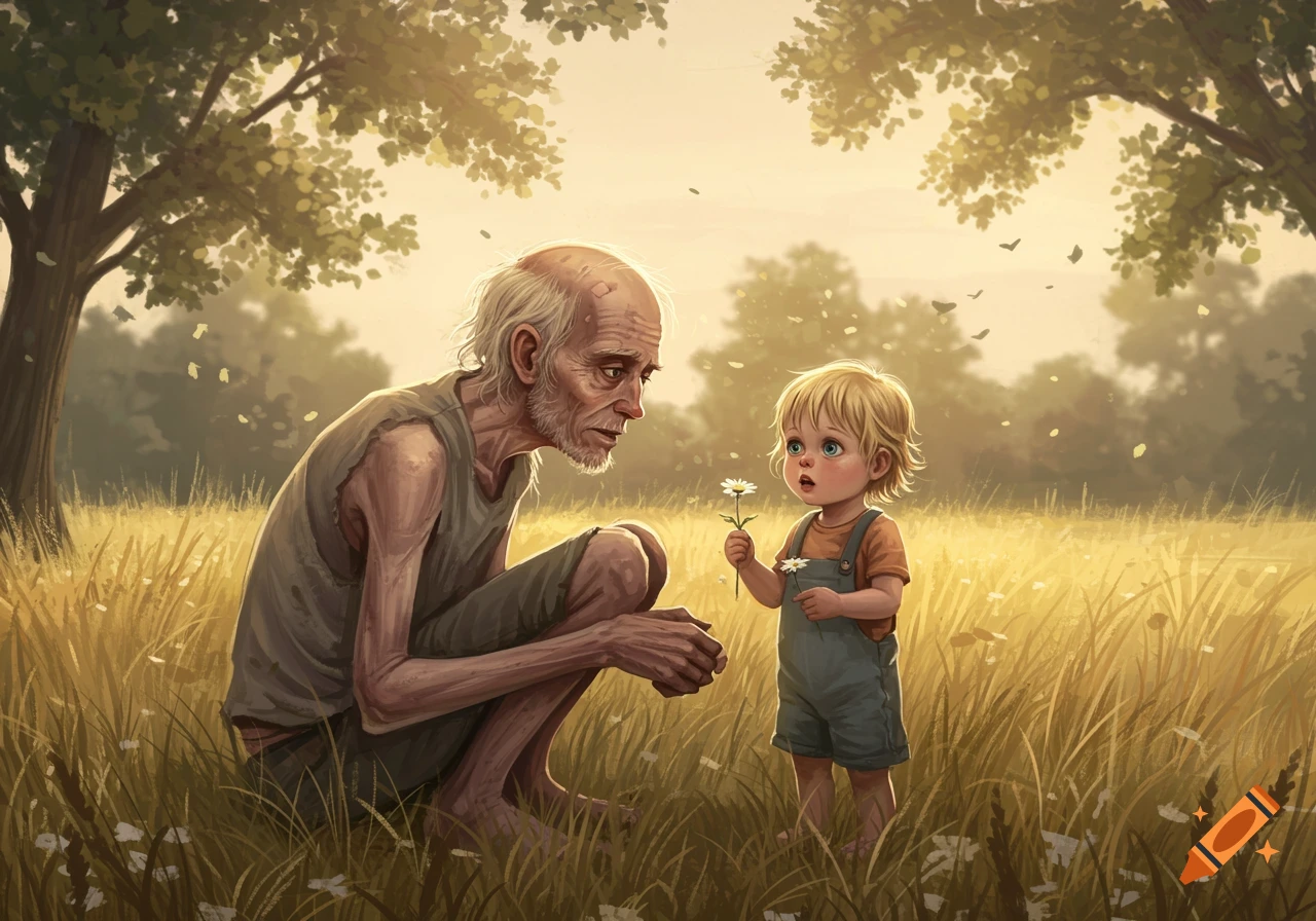 An old, scraggly man squats in a golden field, looking at a small, blonde child offering him a daisy. Trees are in the background.