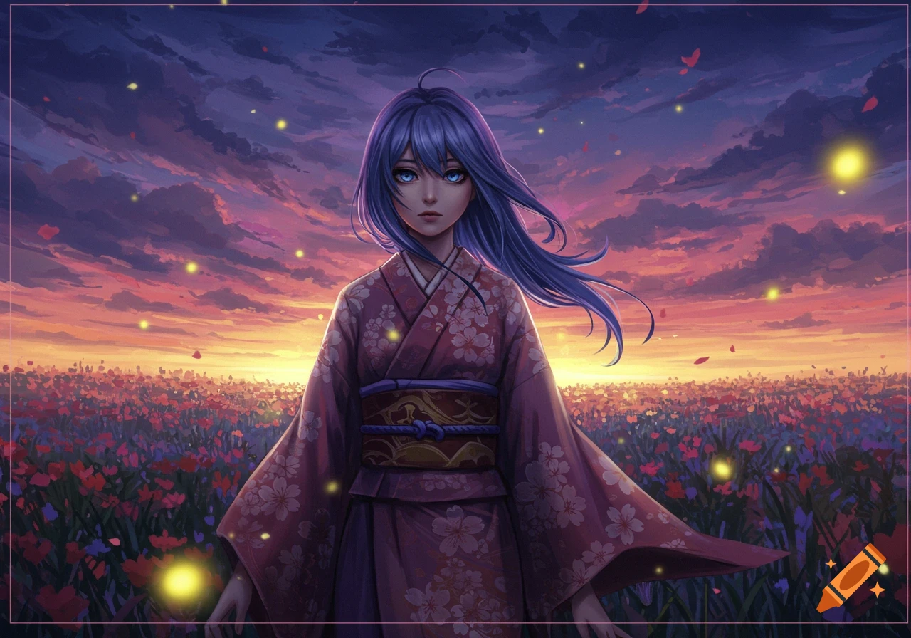 Anime girl with blue hair in a kimono stands in a field of flowers at sunset with glowing orbs.