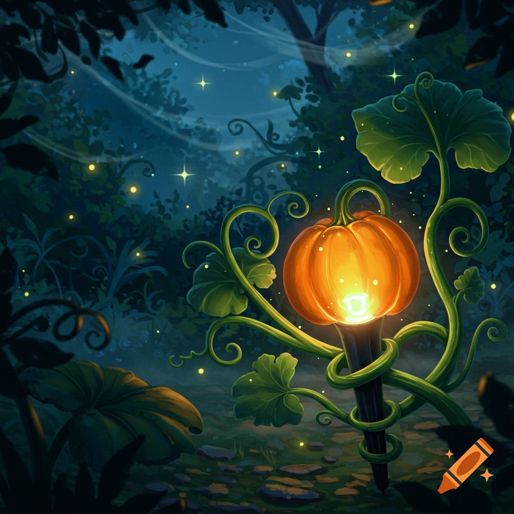 An illuminated pumpkin on a lightstick, wrapped in green vines, glows in a dark, enchanted forest with fireflies, illustration.