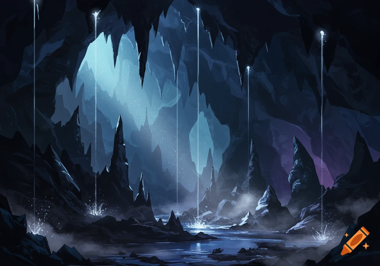 Mystical dark cave with glowing stalactites, stalagmites, and ethereal water dripping into a pool, in blue and purple hues.
