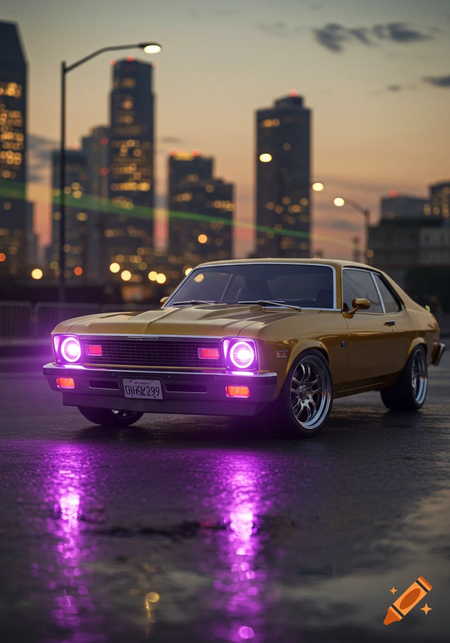 A golden 1974 Chevy Nova with glowing purple halo headlights and reflections on a wet street at dusk in a city.
