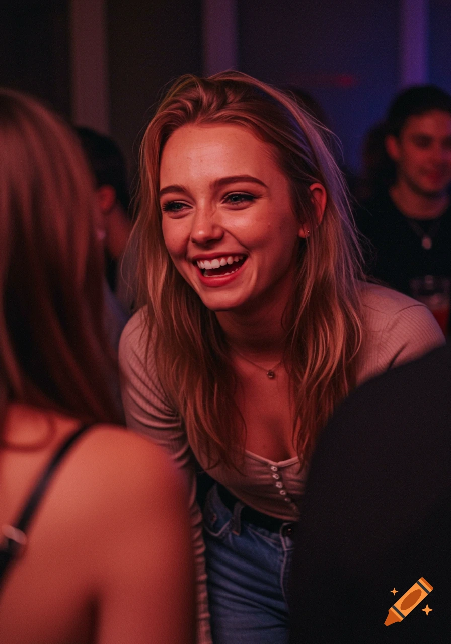 A candid, photorealistic portrait of a young blonde woman laughing heartily during a conversation at a dimly lit party.