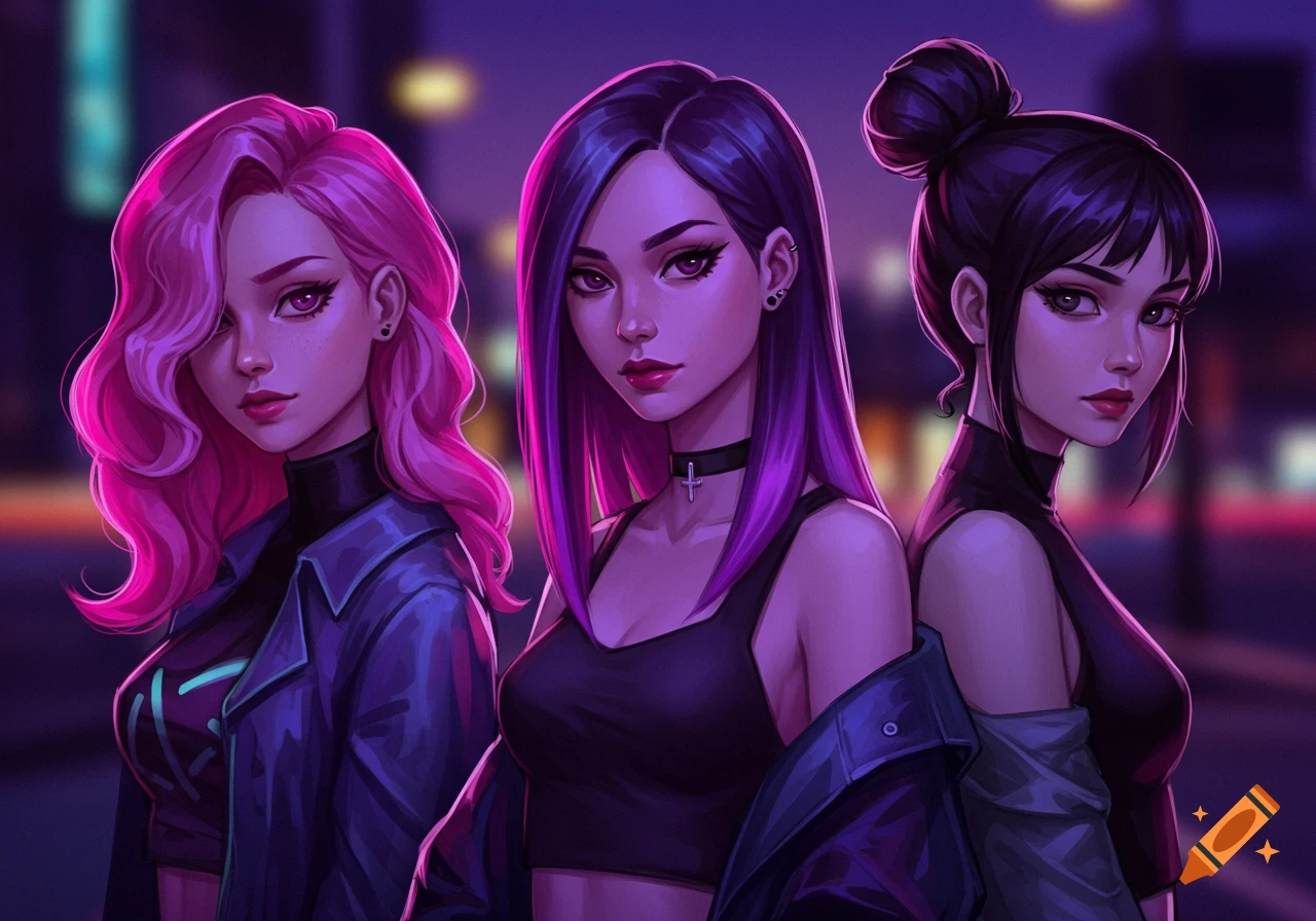 Three stylized girls with pink, purple, and black hair stand against a blurred urban night background in a digital illustration.
