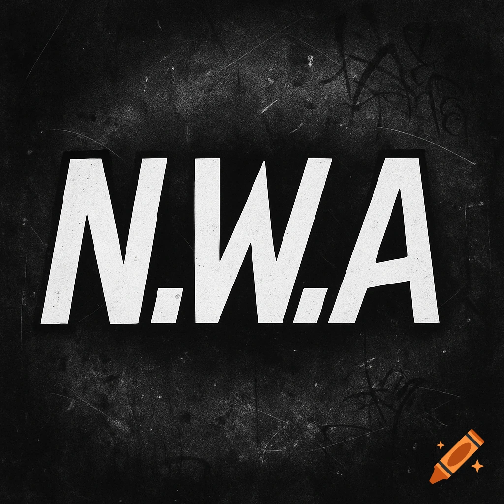 Black and white N.W.A logo on a grunge background.