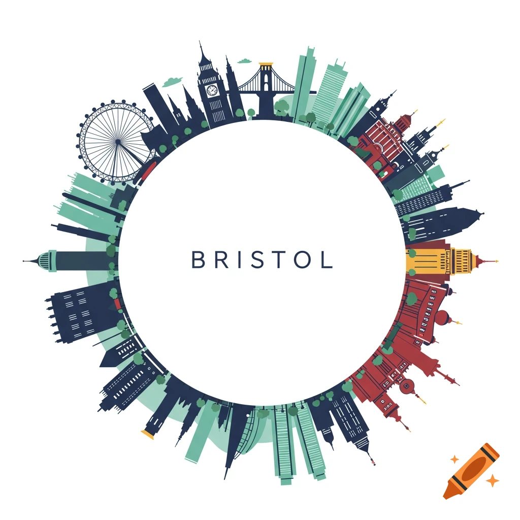 Circular vector cityscape illustration with 'BRISTOL' in the center, featuring landmarks like the London Eye and Clifton Suspension Bridge.