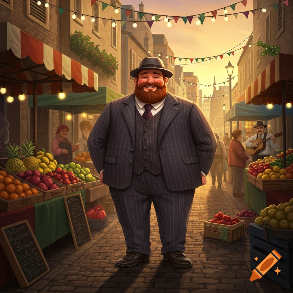 A cheerful, portly man with a red beard and black suit stands smiling in a bustling, illustrated street market at sunset.