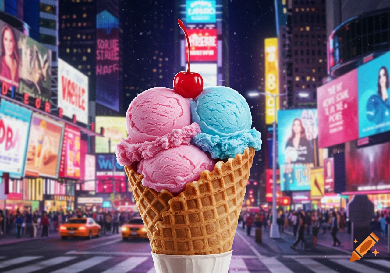A close-up of a large ice cream cone with pink and blue scoops topped with a cherry, set against a blurry, vibrant Times Square night background with neon signs and traffic. Photorealistic style.