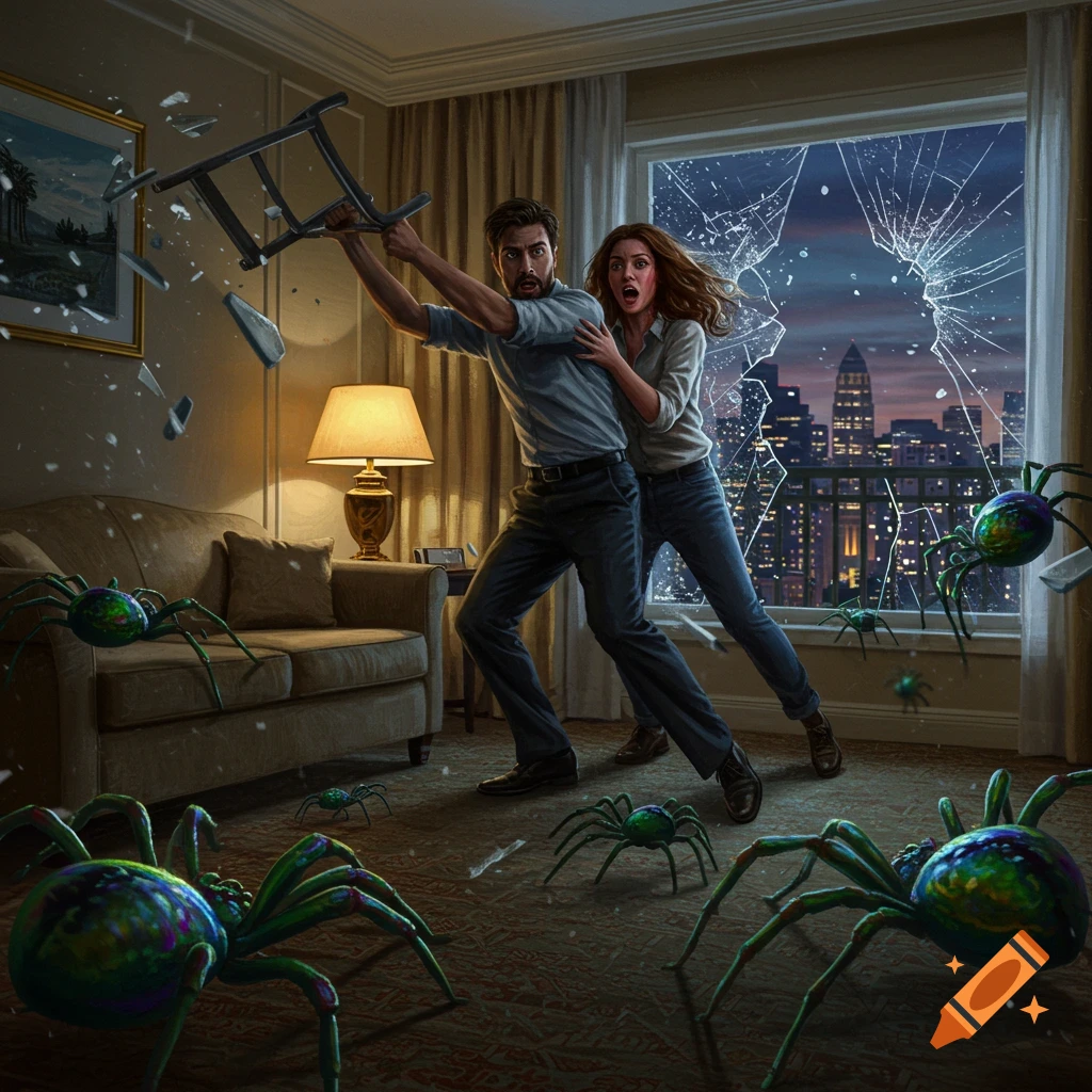 A terrified couple in a hotel room, with the man holding a chair, facing large glowing spiders invading through a broken window overlooking a city.