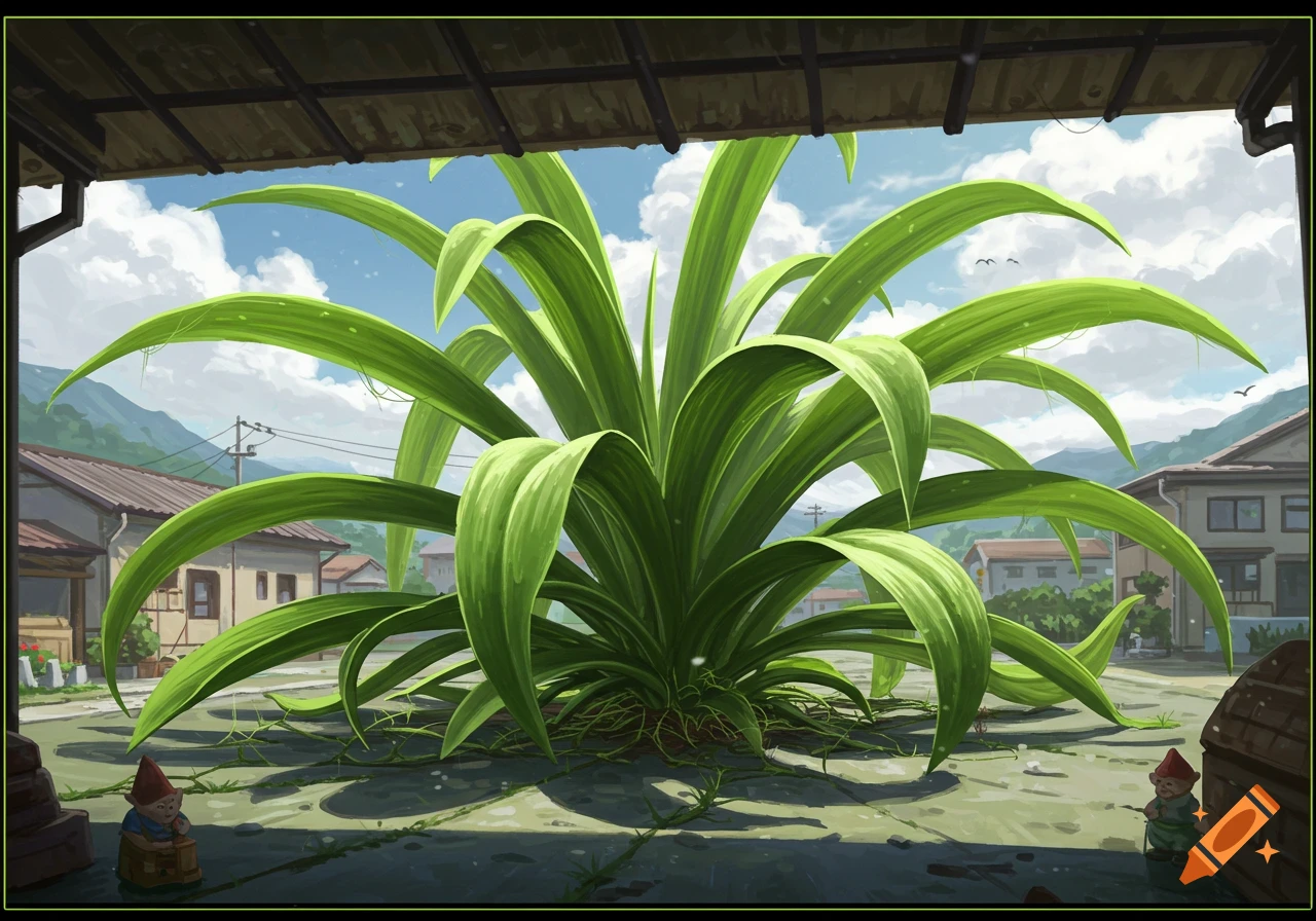 A colossal spider plant overshadows a street in a town, with two garden gnomes at its base under a bright sky.