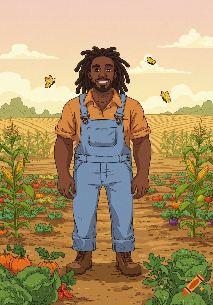 A smiling Black man with dreadlocks in denim overalls and an orange shirt stands in a cartoon farm field with various crops.