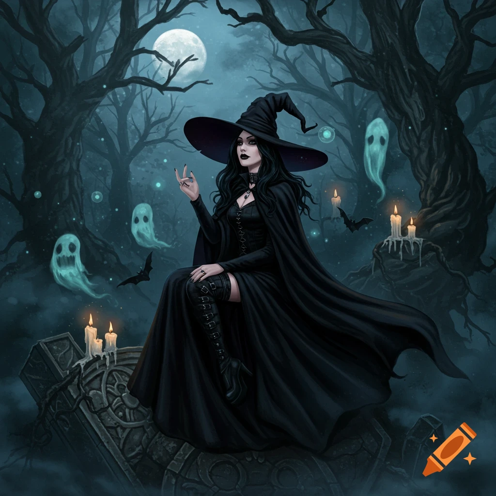 A gothic witch in a black dress and hat sits on a tombstone in a spooky, moonlit forest with ghosts and candles. Dark fantasy illustration.