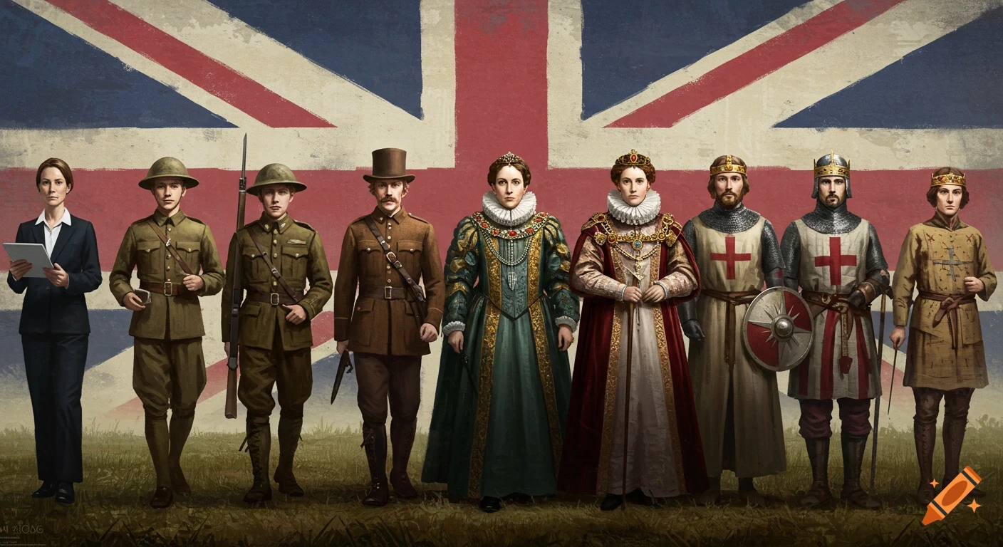 A line of 8 British people, from a modern woman to medieval knights, dressed in historical clothing, standing in front of a large Union Jack flag.