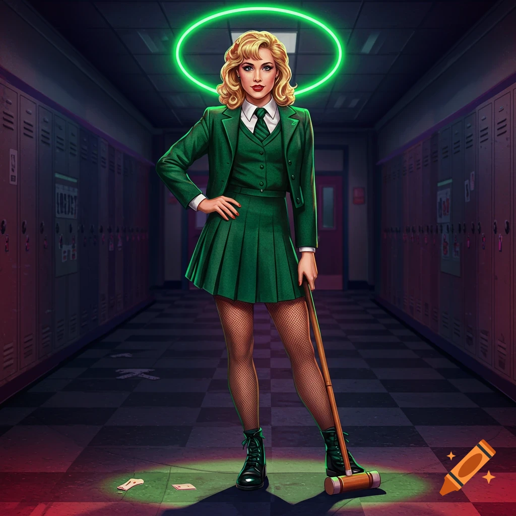A woman in a green school uniform with a neon halo, holding a croquet mallet, stands in a dark school hallway.