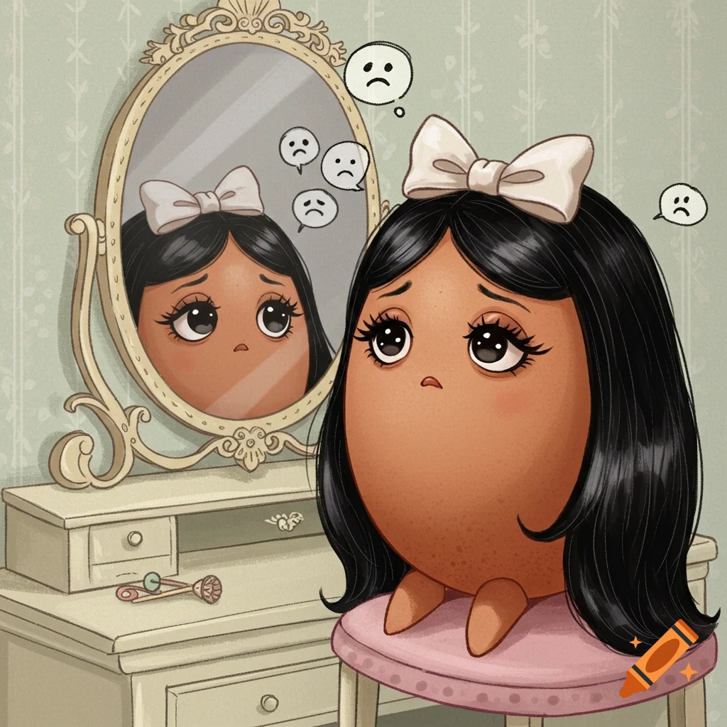 A cartoon brown egg with black hair and a white bow looks sadly into a mirror, with sad face thought bubbles, sitting at a dressing table.